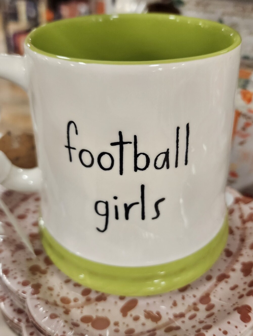 Rae Dunn Peanuts White Ceramic Mug with Lime Interior - "football girls"